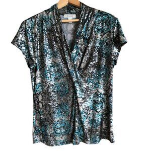 Dress Barn Shimmery Blouse: Soft Lightweight Top, Shiny Black Brown Teal, Size M